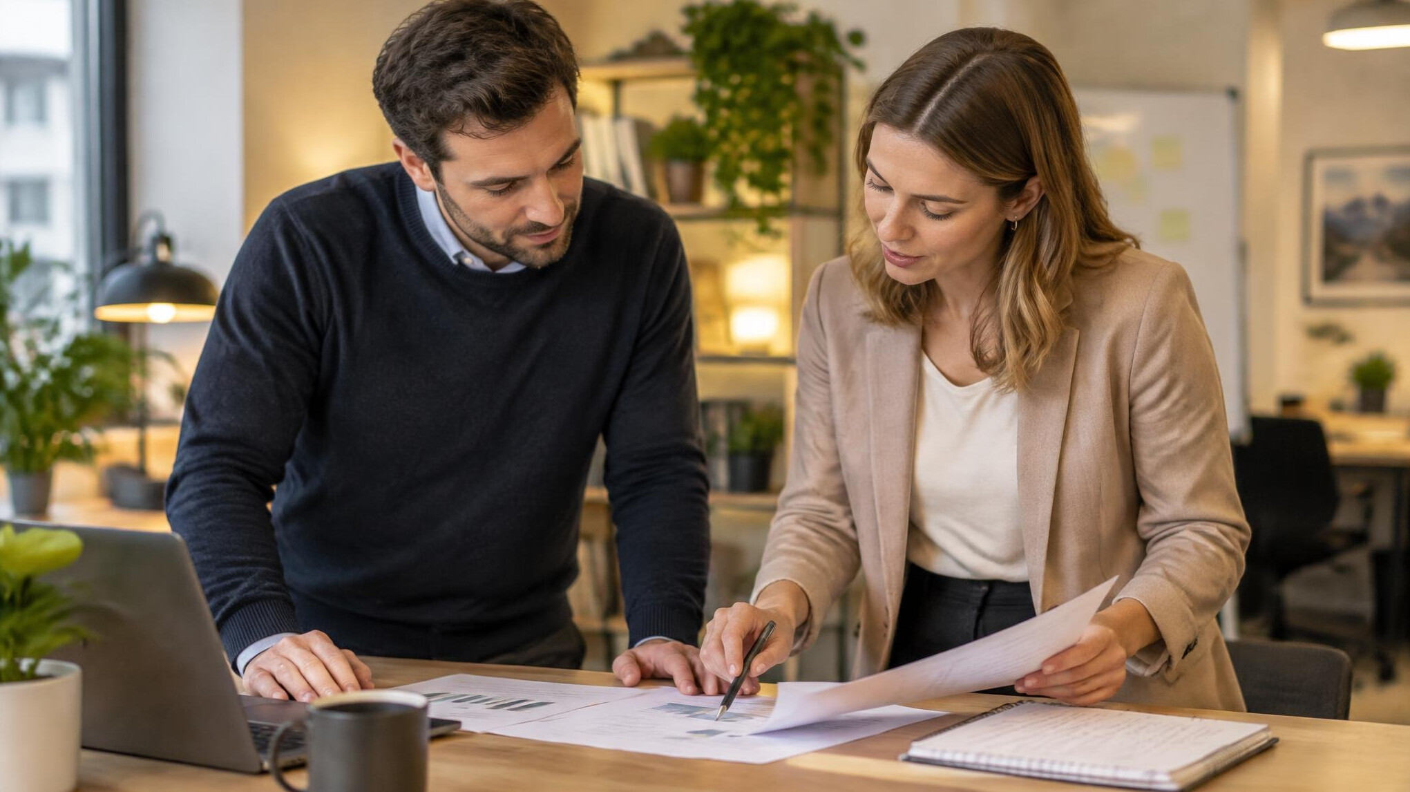 Colleagues reviewing documents and sharing knowledge at a desk
