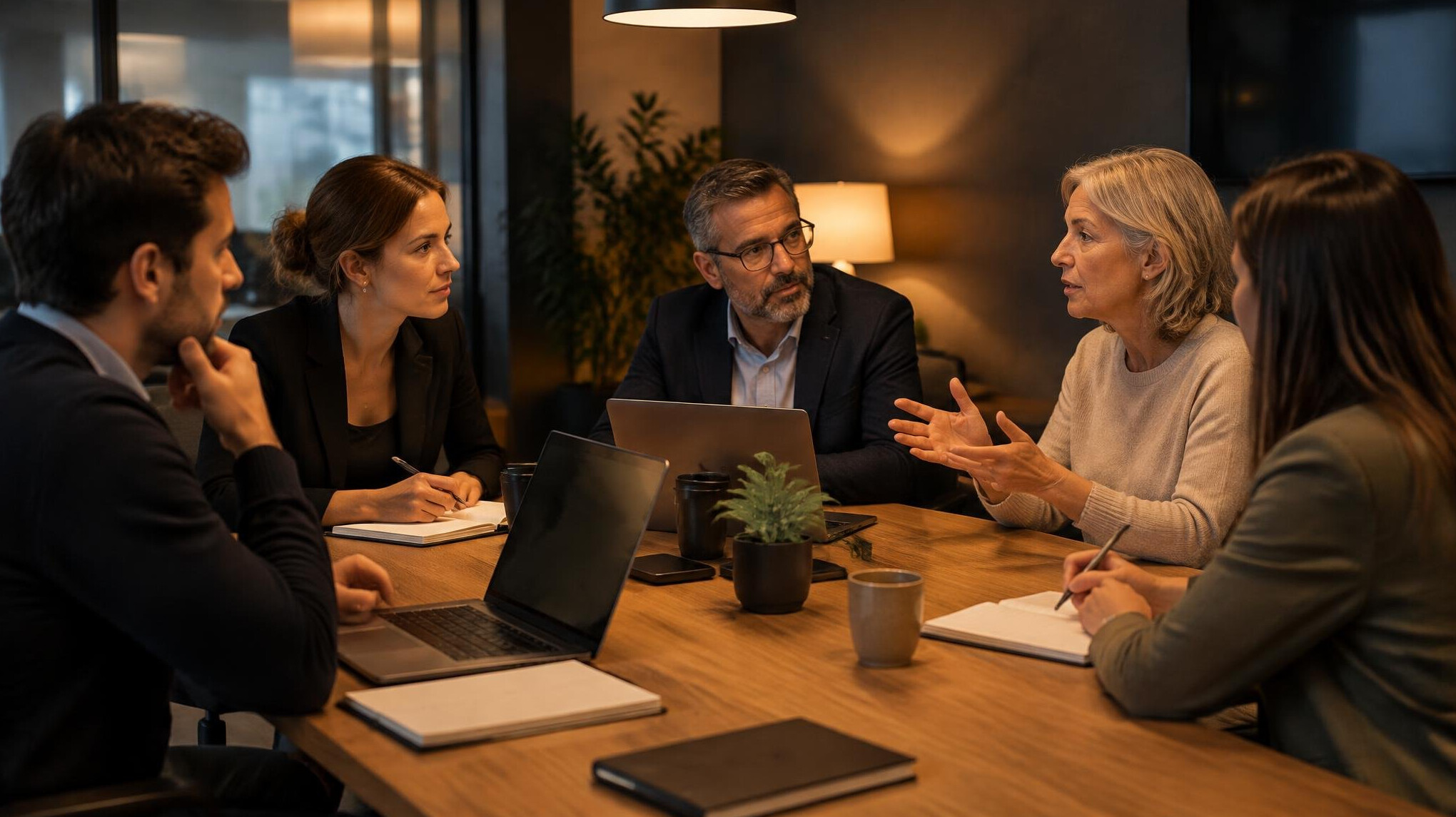 Colleagues having a discussion in a dimly lit modern meeting room