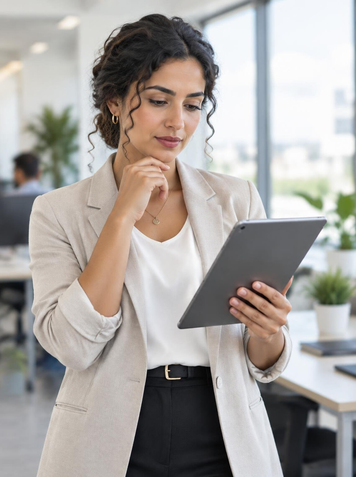 Woman reviewing notes on a tablet while standing in an office