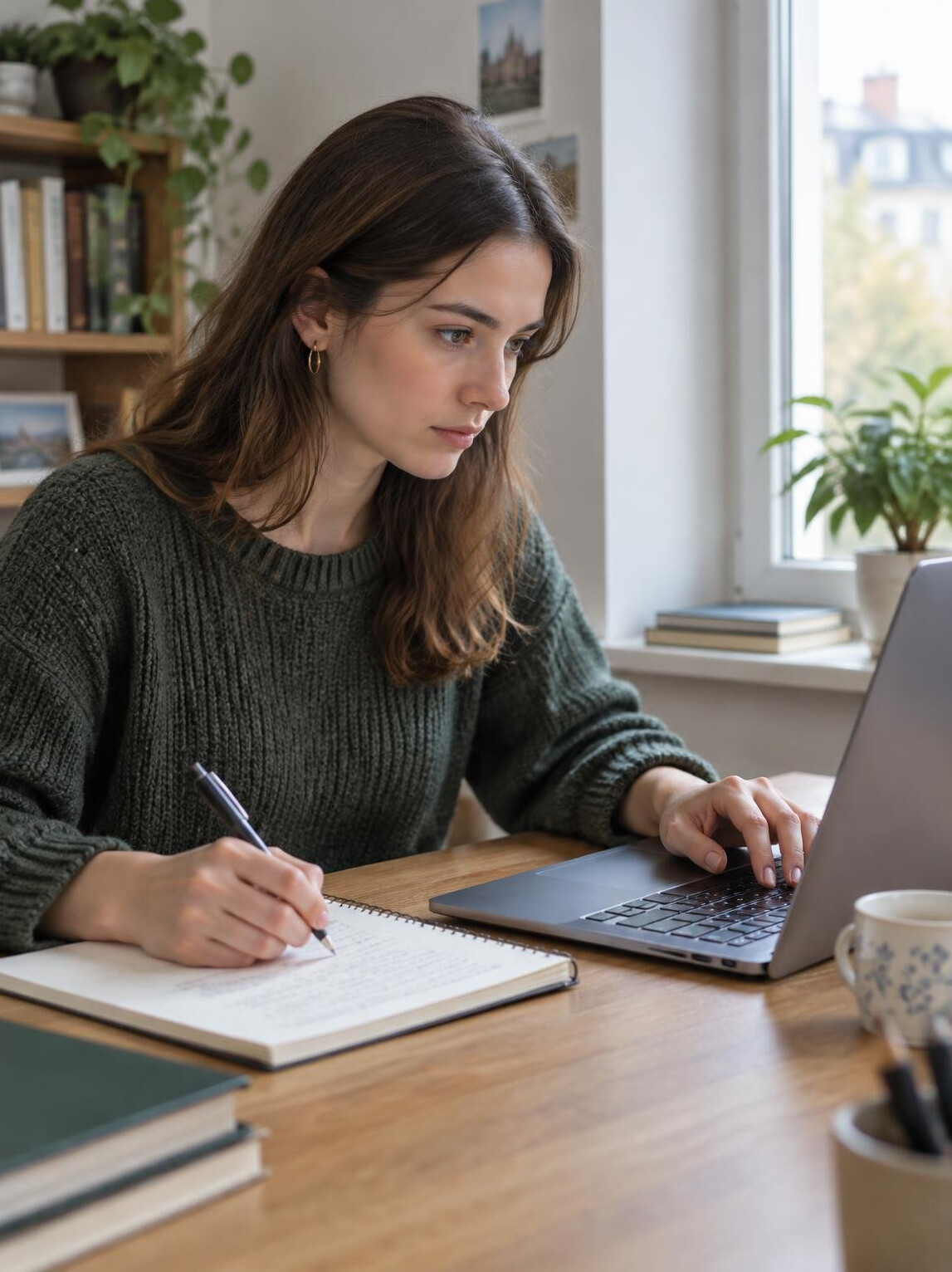 Woman typing notes on a laptop at a wooden desk